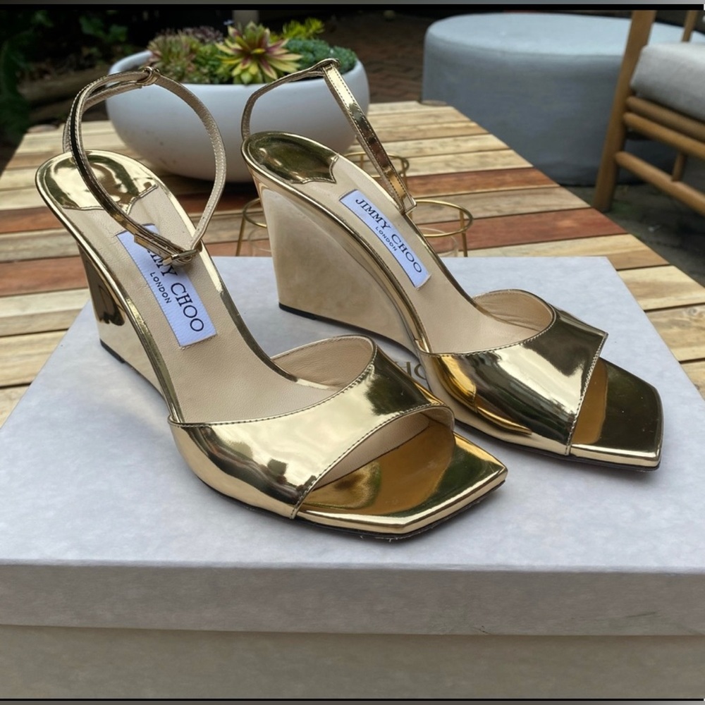 Jimmy Choo Liquid gold wedge heels